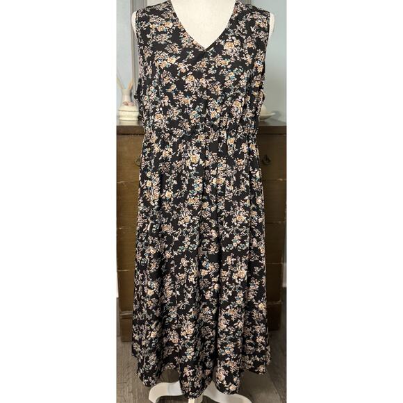 SHEIN Curve Black Dress With Tan & Blue Floral Print, V-neck, Stretch, Midi, 1XL - Picture 1 of 6